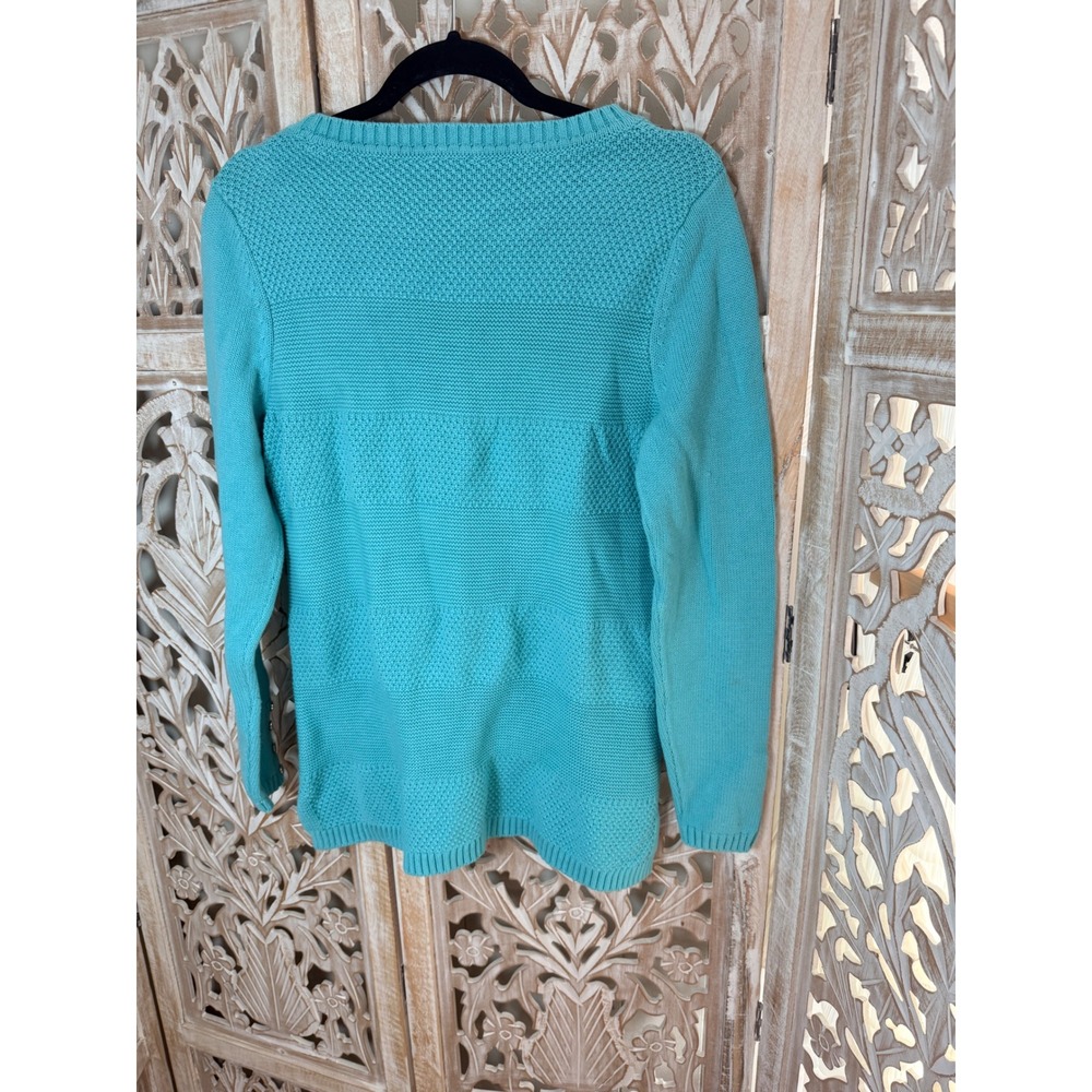 Talbots Aqua Blue Mixed Stitch Cotton Sweater Petite Medium Long Sleeve Button - Picture 5 of 6